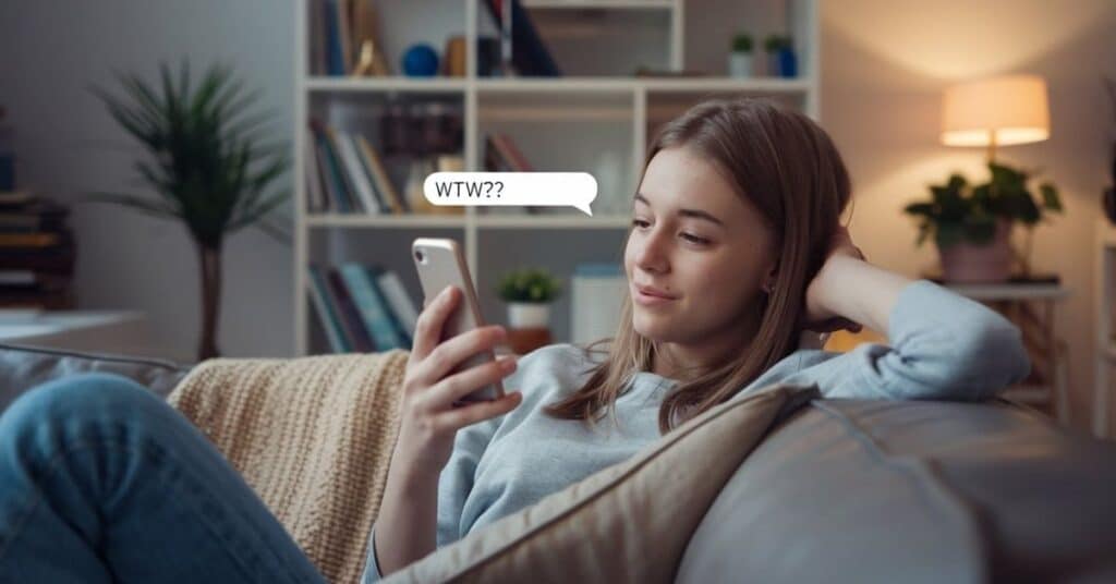 smartphone screen displaying the text "WTW?" from a girl, surrounded by a soft glow. The background is bright and casual, hinting at a playful, flirty tone.