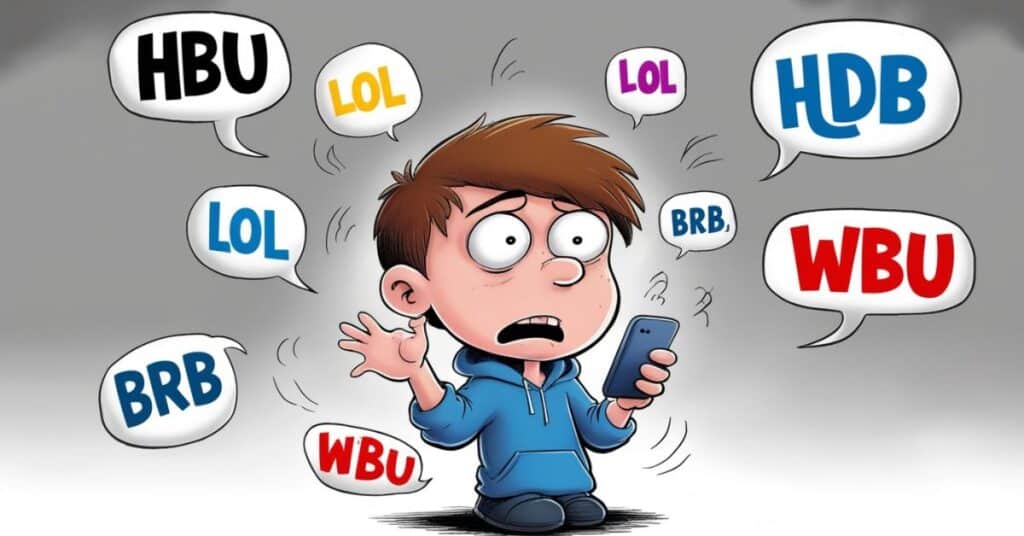 A cartoon character holding a phone with text abbreviations like LOL, BRB, HBU, and WBU in speech bubbles around.