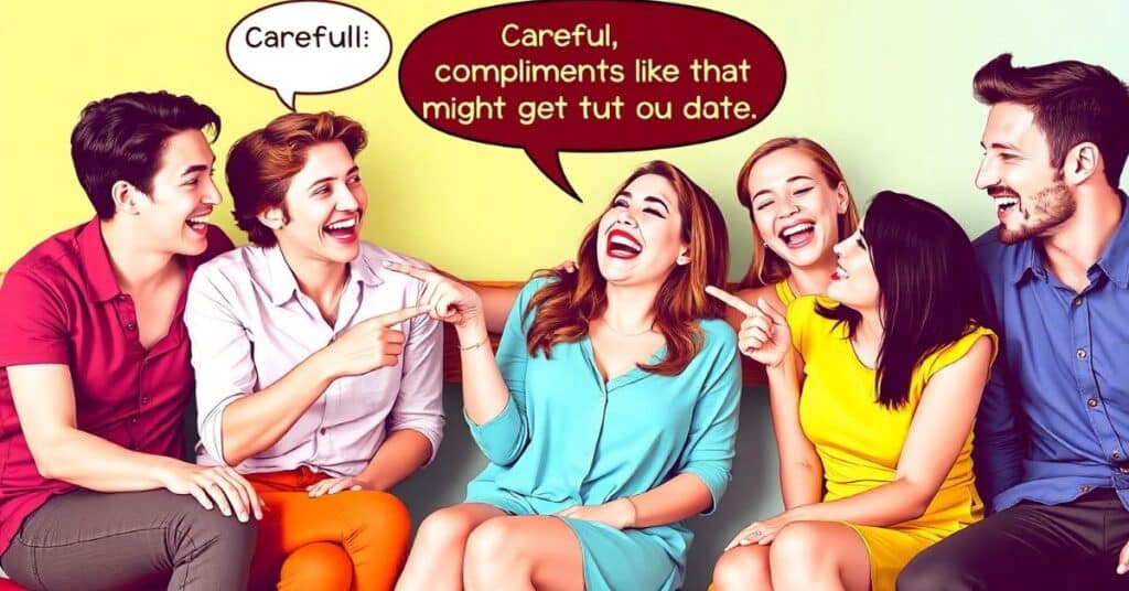 Group of friends laughing, with one confidently responding to being called cute with a playful remark