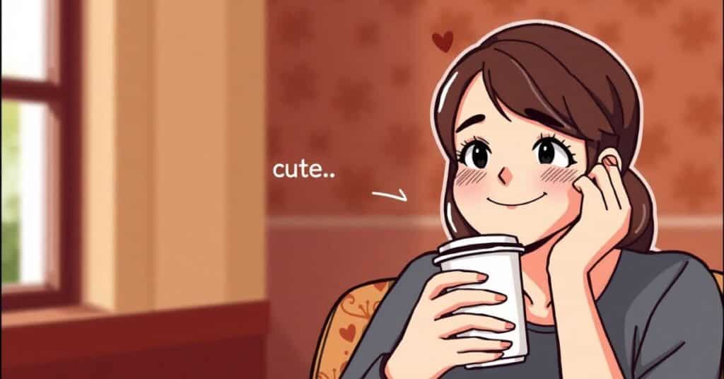 Person blushing with a shy smile, holding a coffee cup after being called cute.