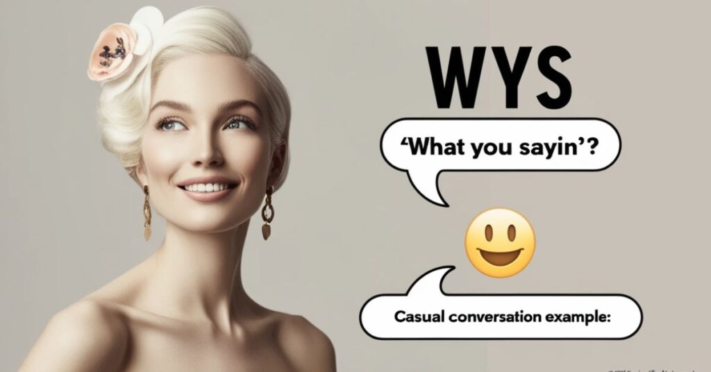 Infographic showing the definition of WYS as 'What You Sayin’?' with a casual conversation example and fun speech bubbles