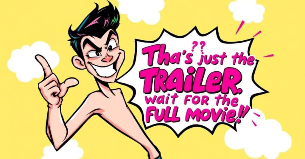 Confident character winking with a speech bubble saying, 'Cute? That’s just the trailer; wait for the full movie