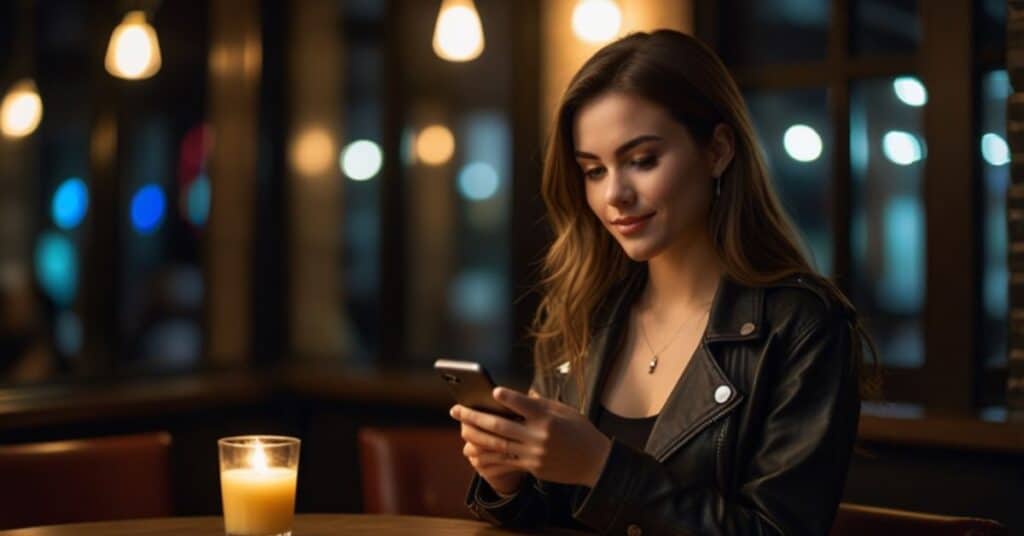 A confident woman smirking while typing a flirty text message.