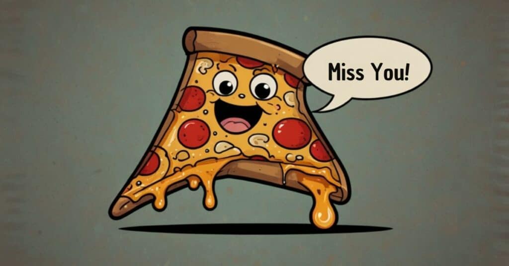 A sad pizza slice missing its cheese with a funny text bubble.