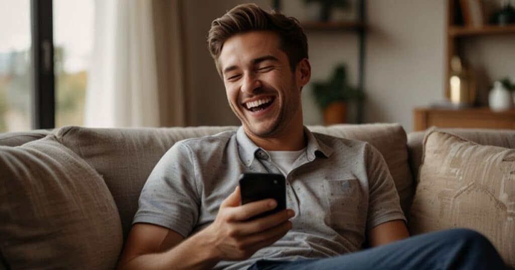 A young man laughing while reading a funny text message on his phone.