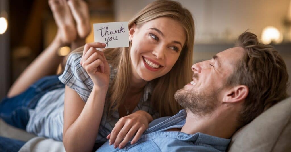 A woman playfully lying on her husband's lap, smiling and saying thank you in a funny and romantic way.