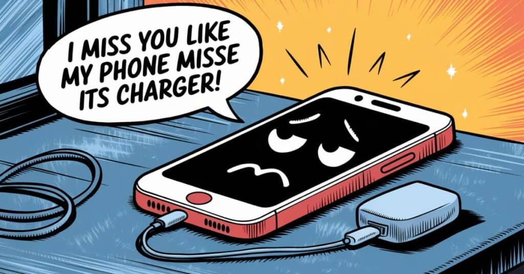A sad phone reaching for its charger with a humorous speech bubble.