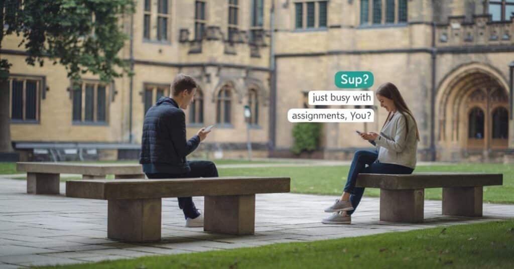 A university couple texting Sup? from different locations on campus.
