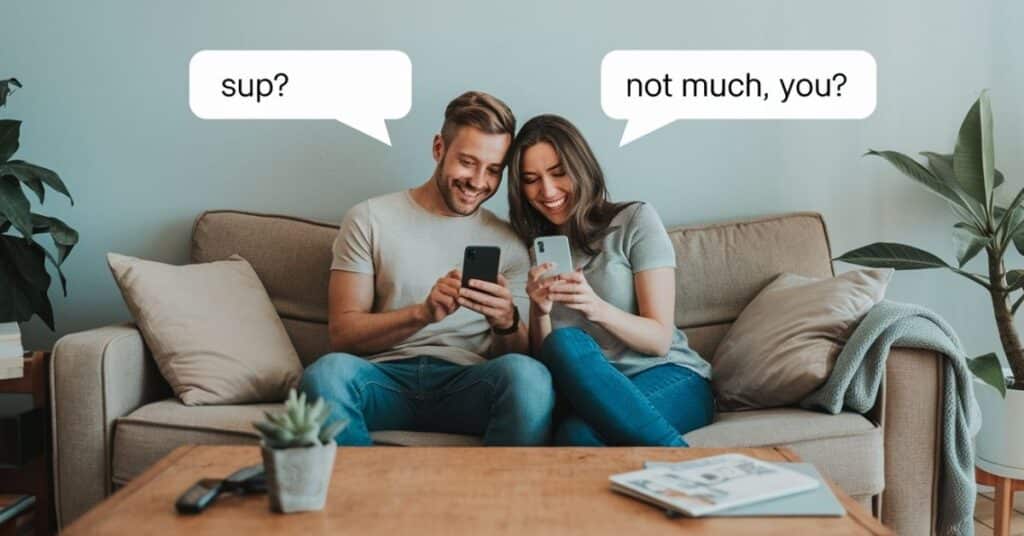 Couple exchanging casual Sup? text messages in a cozy setting.