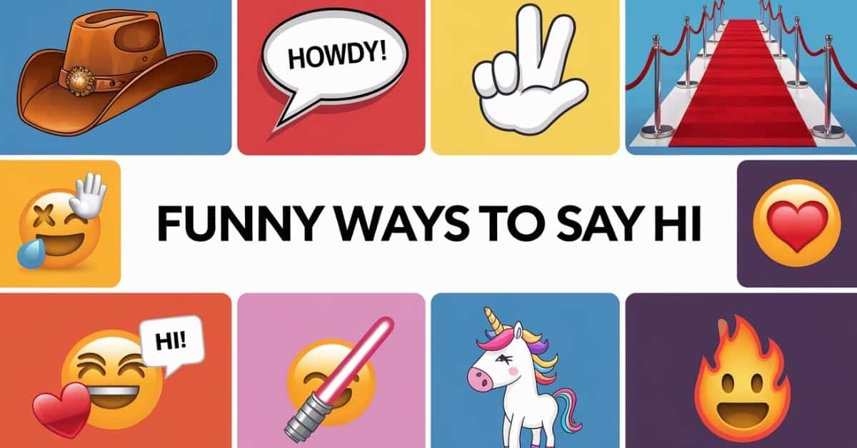 Clear, colorful collage of funny ways to say hi with playful emojis, a couple greeting each other, and quirky elements.