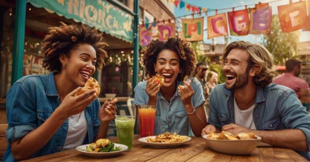 USA model girl playfully roasting her friends with a witty smile in a lively, colorful setting.