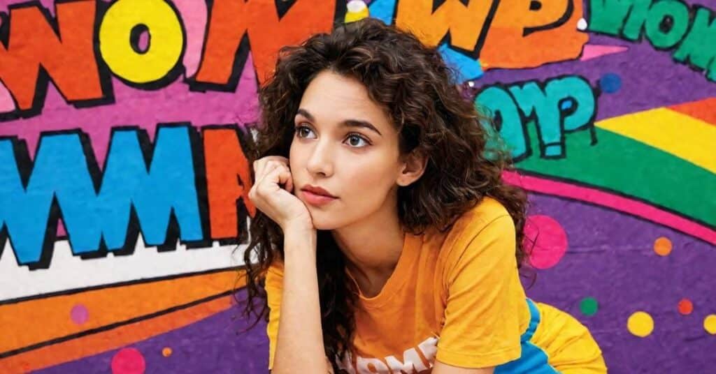 USA model girl thinking with Womp Womp in a vibrant background, looking towards someone else.
